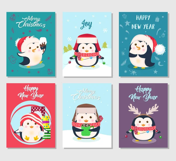 一套圣诞快乐贺卡与可爱的企鹅. — 图库矢量图片