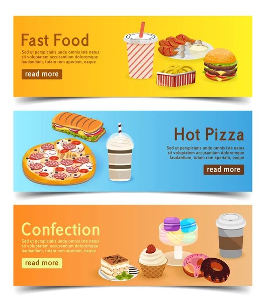 Banners de comida rápida para la entrega de pedidos en línea. juego de hamburguesas, pizza y postres . — Vector de stock