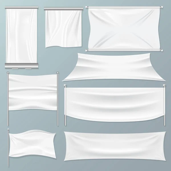 Wit textiel reclame banners op een geïsoleerde achtergrond. Realistische mockup — Stockvector