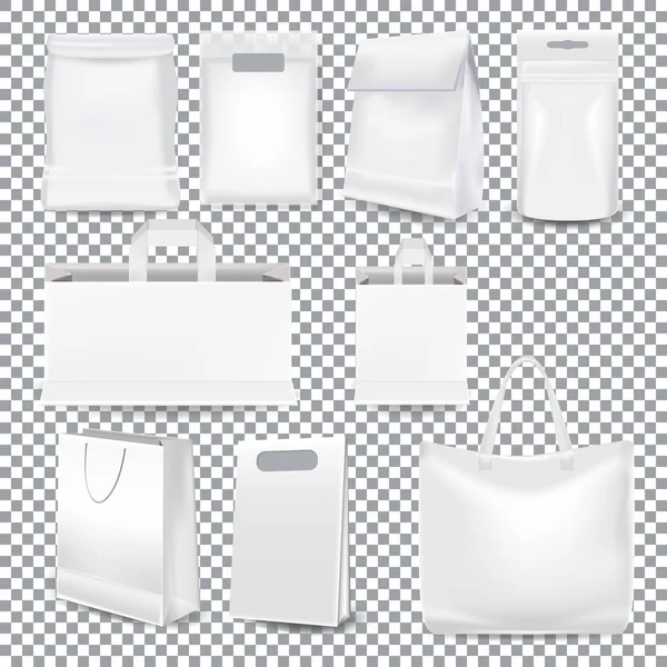 Set van realistische sjabloon witte boodschappentassen met een handvat en verpakking — Stockvector