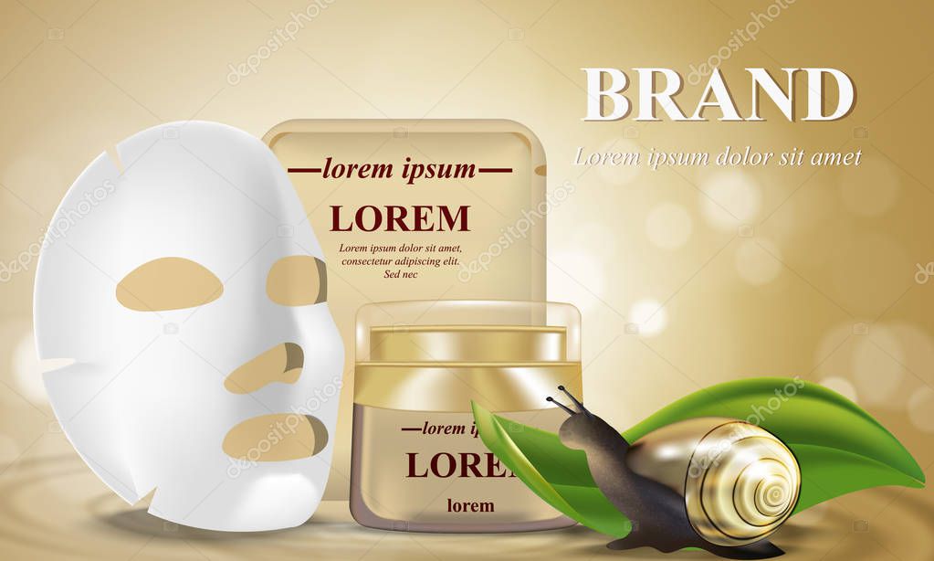 Cosmetic banner with 3d realistic bottles for skincare cream, with white sheet facial cosmetic mask. Poster template mockup for promoting your brand decorated snail.