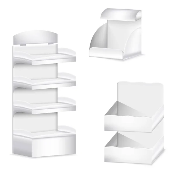 Conjunto de caixa branca modelo de exibição de comércio em branco. Prateleira de promoção —  Vetores de Stock