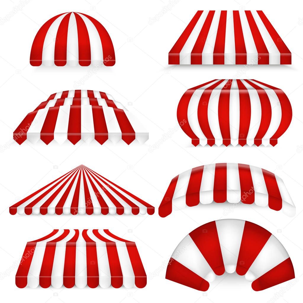 Vector set of red-white sunshades. Outdoors awnings for cafe and market.