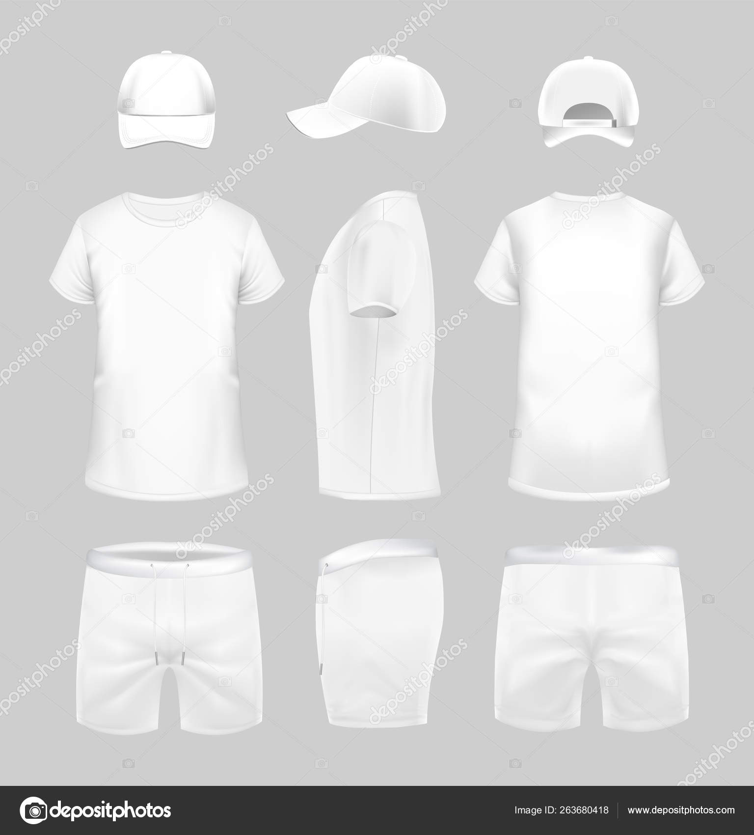 White t shirt cap and shorts template in three dimentions. Stock