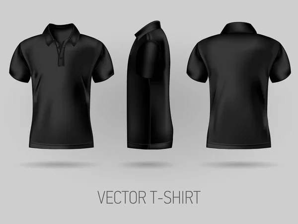 Czarna koszulka polo z krótkim rękawem szablony projektowe przód, tył i boczne widoki — Wektor stockowy