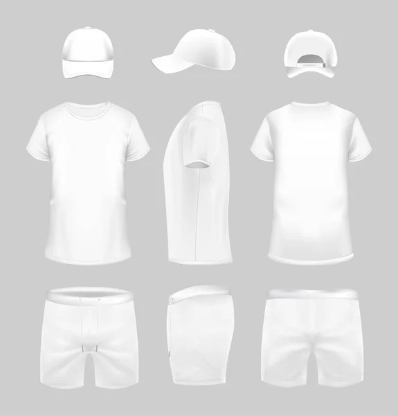 Bílé tričko, čepice a šortky šablony ve třech rozměrech. — Stockový vektor