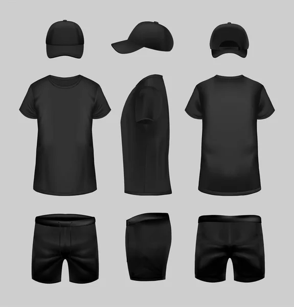 Czarny t-shirt, czapka i szorty szablon w trzech wymiarach. — Wektor stockowy