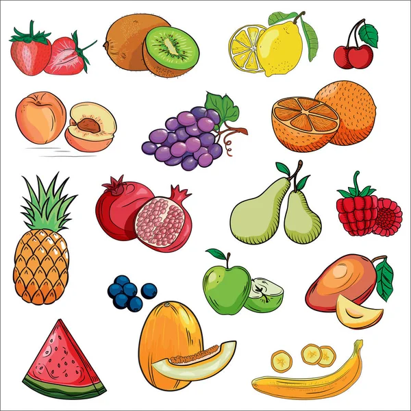 Conjunto de coloridos iconos de frutas de dibujos animados. Elementos de diseño de alimentos frescos elaborados a mano — Archivo Imágenes Vectoriales