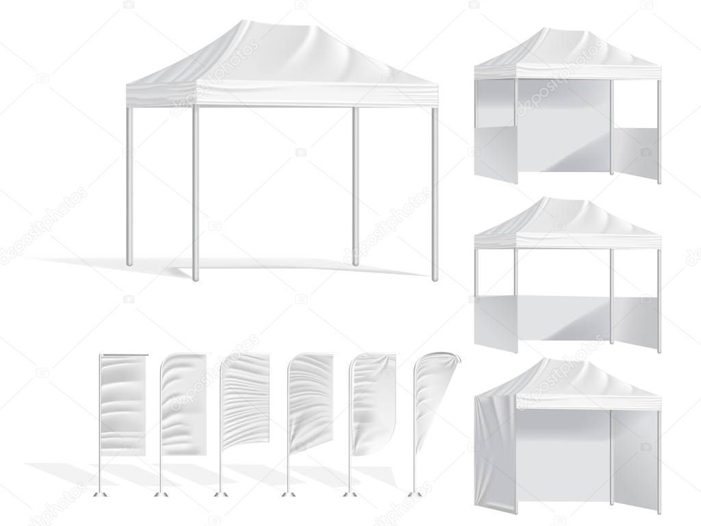 Promotional outdoor mobile tents and flags. Mock up blank template of advertising mobile tent.