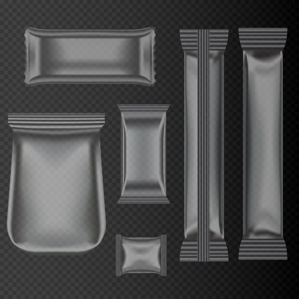Imballaggio in polietilene realistico di diverse dimensioni sullo sfondo trasparente — Vettoriale Stock