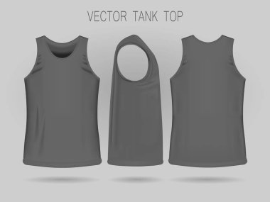 Üç boyutlu mens gri tank üst şablonu: ön, yan ve arka görünüm.