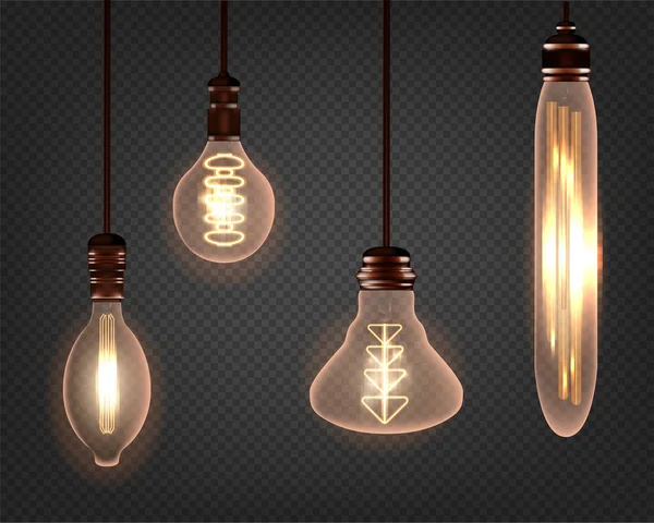 Set di lampadine vintage a spirale Edison. Luce retrò realistica — Vettoriale Stock