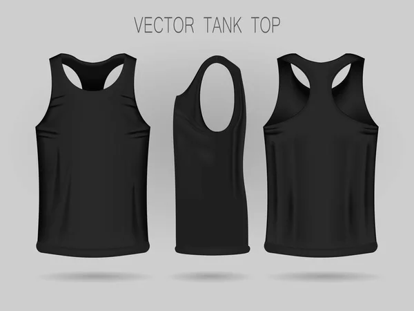 Plantilla de camiseta negra para hombre en tres dimensiones: vista frontal, lateral y trasera . — Vector de stock