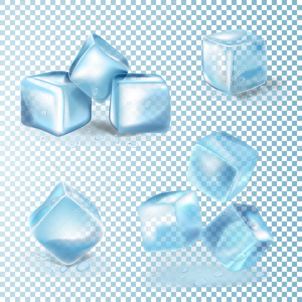 Set of transparent ice cubes. 3d realistic vector mesh