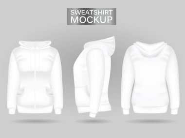 Ön, arka ve yan görünümlerde boş kadın beyaz sweatshirt kapüşonlu. Gerçekçi kadın giysileri