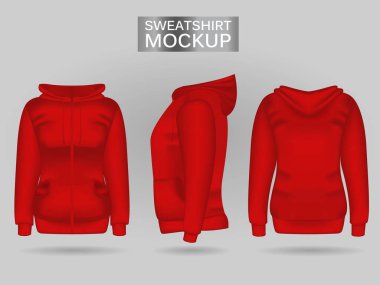 Ön, arka ve yan görünümlerde boş kadın kırmızı sweatshirt kapüşonlu. Gerçekçi kadın giysileri