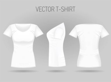 Boş kadın beyaz t-shirt ön, arka ve yan görünümleri. Gerçekçi kadın spor gömlek