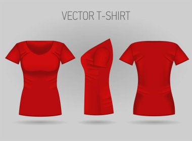 Boş kadın kırmızı t-shirt ön, arka ve yan görünümleri. Gerçekçi kadın spor gömlek