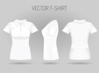 Boş kadın ön, arka ve yan görünümleri beyaz kısa kollu polo gömlek. Gerçekçi kadın t-shirt