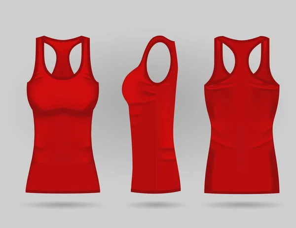 Порожній жіночий червоний танк зверху спереду, ззаду і збоку. Реалістичні жіночі спортивні футболки — стоковий вектор