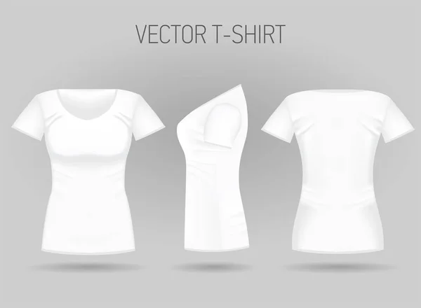 Blank damski biały t-shirt z przodu, z tyłu i bocznym widokiem. Realistyczne damskie Koszulki sportowe — Wektor stockowy