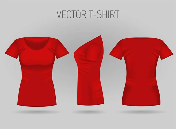 Blank damski czerwony t-shirt z przodu, z tyłu i bocznym widokiem. Realistyczne damskie Koszulki sportowe — Wektor stockowy