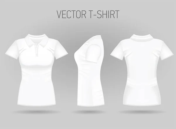Порожня жіноча біла сорочка з коротким рукавом поло спереду, ззаду та збоку. Реалістичні футболки — стоковий вектор