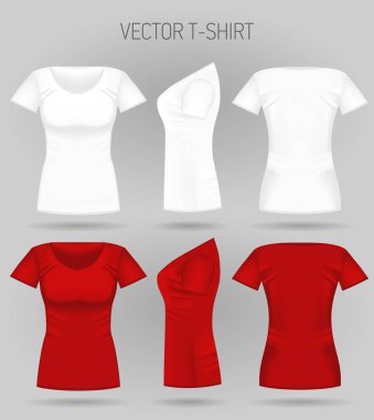 Boş kadın beyaz ve kırmızı t-shirt ön, arka ve yan görünümleri. Gerçekçi kadın spor gömlek