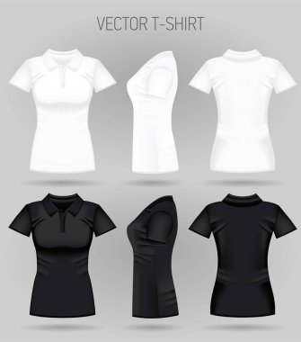 Boş kadın beyaz ve siyah kısa kollu polo gömlek ön, arka ve yan görünümleri. Gerçekçi kadın t-shirt