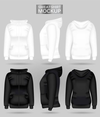 Boş kadın beyaz ve siyah sweatshirt kapüşonlu ön, arka ve yan görünümleri. Gerçekçi kadın giysileri