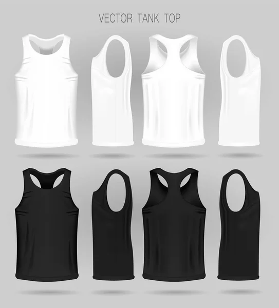 Plantilla de camiseta blanca y negra para hombre en tres dimensiones: vista frontal, lateral y trasera . — Vector de stock
