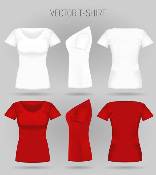 Порожня жіноча біла та червона футболка спереду, ззаду та збоку. Реалістичні жіночі спортивні футболки — стоковий вектор