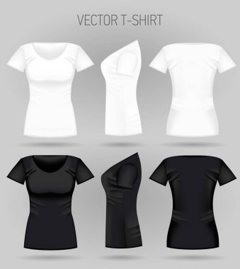 Boş kadın beyaz ve siyah t-shirt ön, arka ve yan görünümleri. Gerçekçi kadın spor gömlek