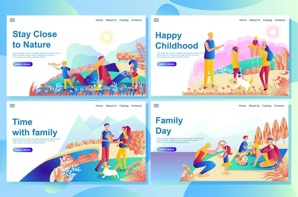 Web açılış sayfası tasarım şablonu doğada çocuklarla oynayan mutlu çift gösterir.