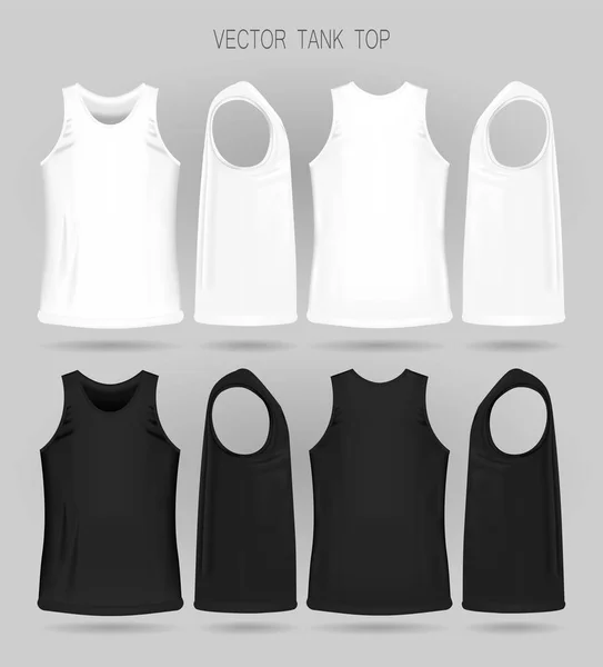 Mens white and black tank top template in three dimensions: front, side and back view. — Stock Vector