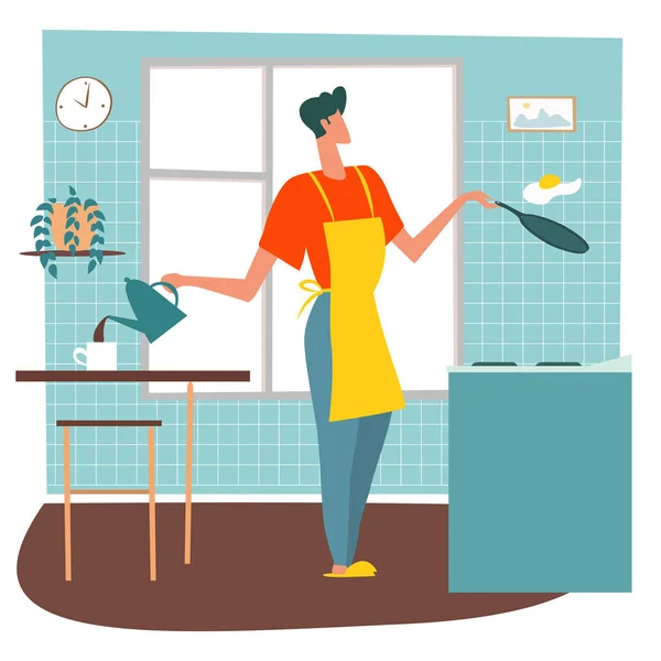 Frau bereitet Frühstück zu, Mittagessen, Abendessen dreht Spiegelei und kocht Kaffee in der Küche. — Stockvektor