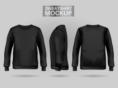 Ön, arka ve yan görünümlerde boş erkek siyah sweatshirt. Spor ve kentsel stil için gerçekçi kadın giysileri