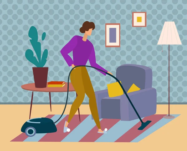 La mujer aspira la alfombra y limpia la casa. Tareas domésticas en casa — Vector de stock