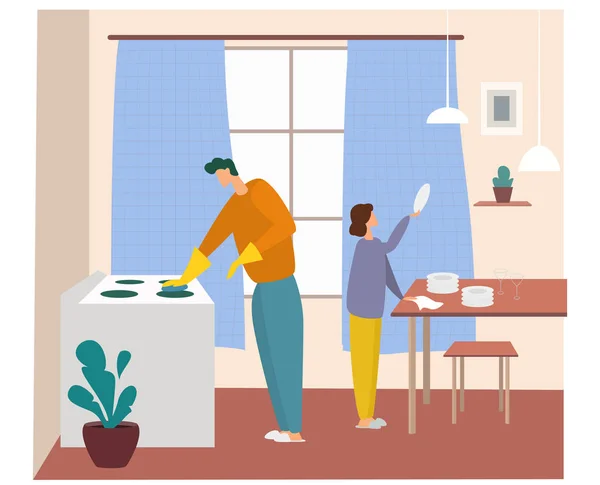 Padre e hija limpian la cocina, puliendo los platos y limpiando la estufa — Vector de stock