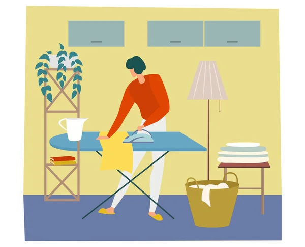 Mujer está planchando tela y teniendo trabajo sobre la casa . — Vector de stock