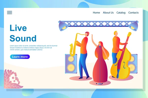 음악 축제 개념에 대 한 웹 방문 페이지 디자인 템플릿입니다. 무대에서 공연하는 밴드. — 스톡 벡터