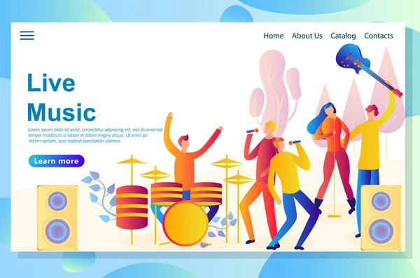 음악 축제 개념에 대 한 웹 방문 페이지 디자인 템플릿입니다. 무대에서 공연하는 밴드. — 스톡 벡터