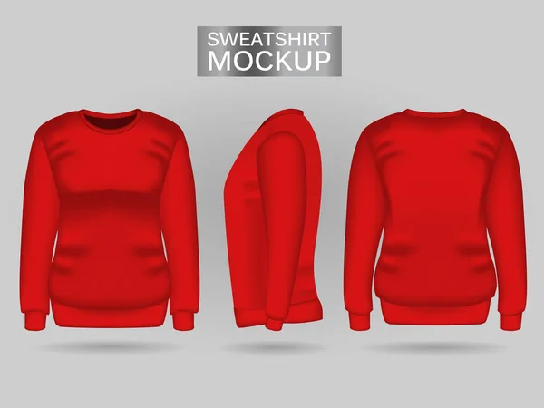 Ön, arka ve yan görünümlerde boş kadın kırmızı sweatshirt. Spor ve kentsel stil için gerçekçi kadın giysileri — Stok Vektör