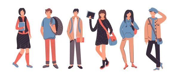 Gruppe lächelnder Jungen und Mädchen, Schüler gehen zusammen, Bücher und Schultaschen haltend und Rucksäcke tragend. — Stockvektor