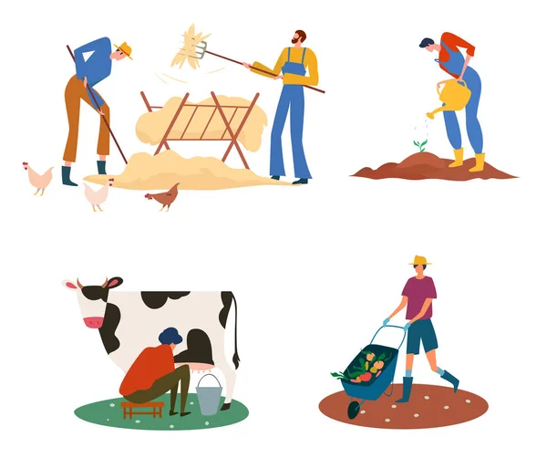 Σύνολο γεωργών ή γεωργικών εργατών στο αγρόκτημα με οικόσιτα ζώα. — Διανυσματικό Αρχείο