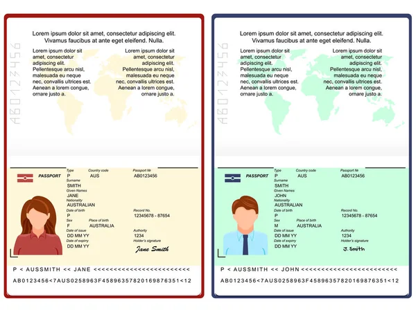 Vektor tom öppen internationell Passport-mall. pass med exempel på personlig data sida. — Stock vektor