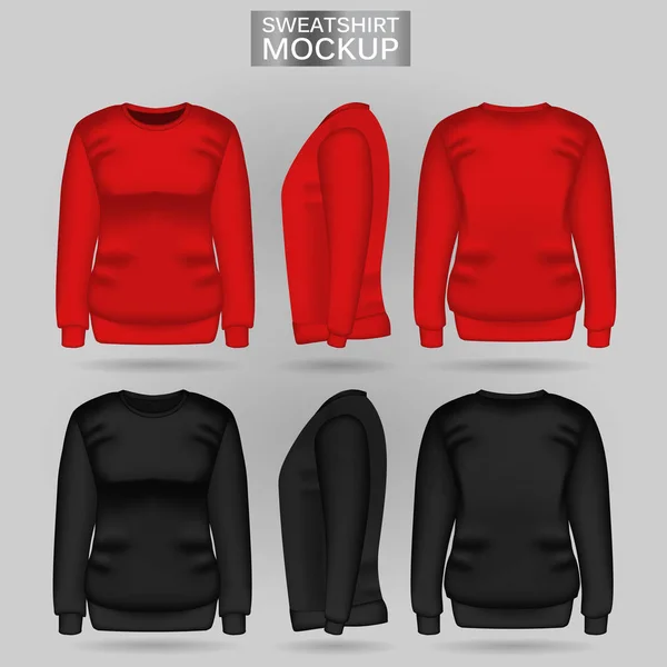 Sudadera en blanco para mujer roja y negra en las vistas frontal, trasera y lateral. Ropa femenina realista para el deporte y el estilo urbano — Vector de stock