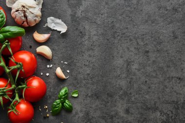 Gıda arka plan. Düz taze domates fesleğen, sarımsak ve seasalt siyah taş zemin üzerine yatırın. Kopya alanı ile üstten görünüm.