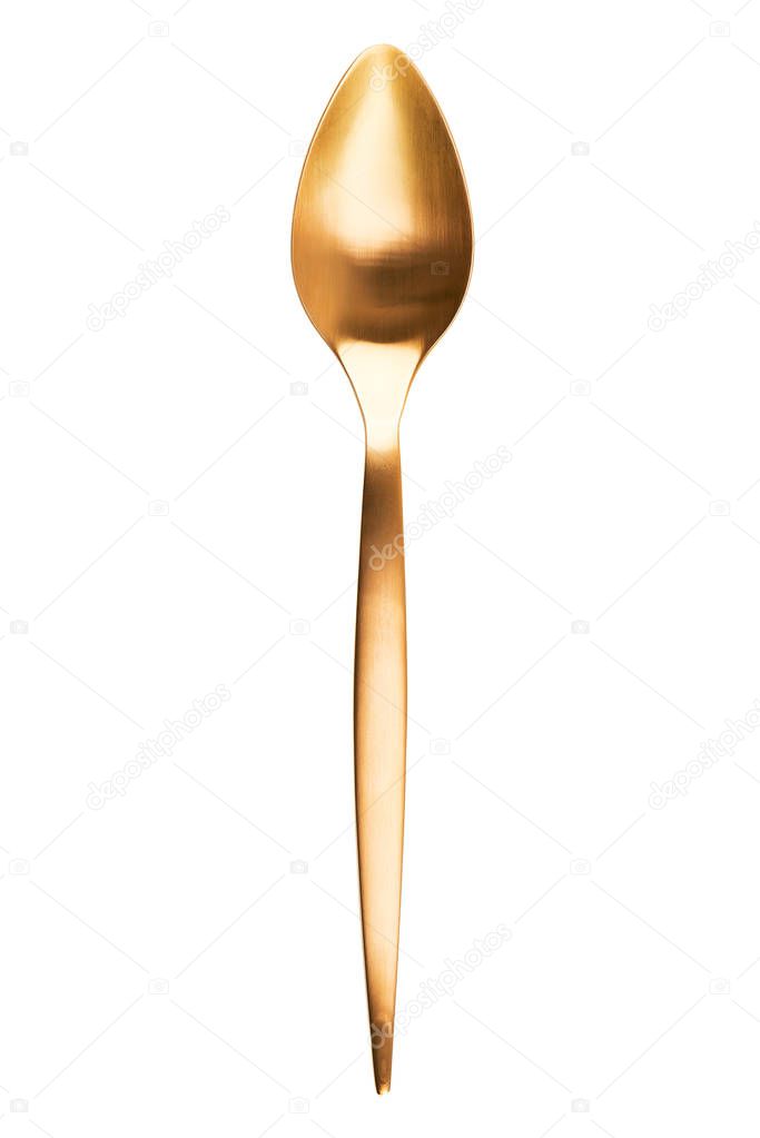 Flat lay of golden spoon isolated on white background. Top view, high resolution image.