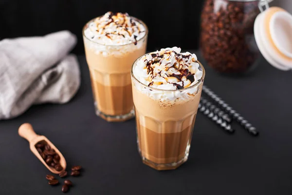 Iced Latte Coffee Tall Glass Caramel Chocolate Syrup Whipped Cream — Stock Photo, Image